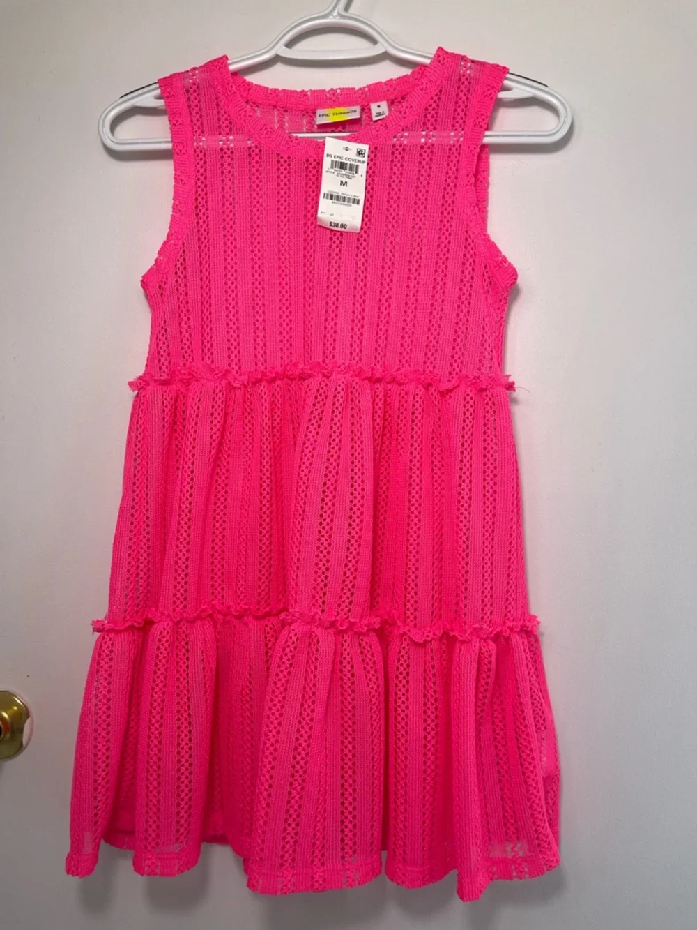 Epic Threads Girls Bright Neon Pink Sleeveless Tiered Eyelet Coverup size M NWT